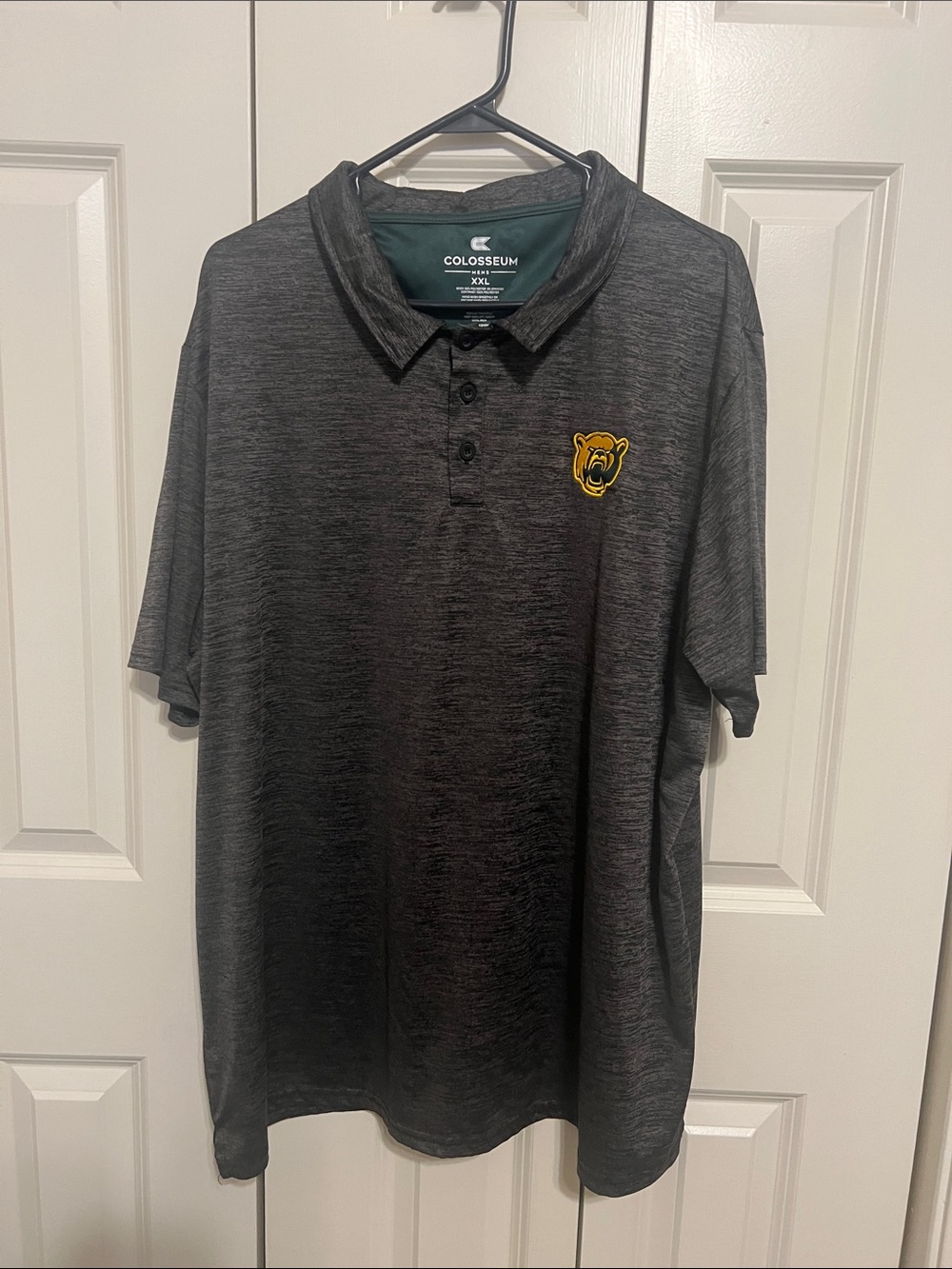 Colosseum Men's Charcoal Heather Polo with Gold Bear Patch worn once